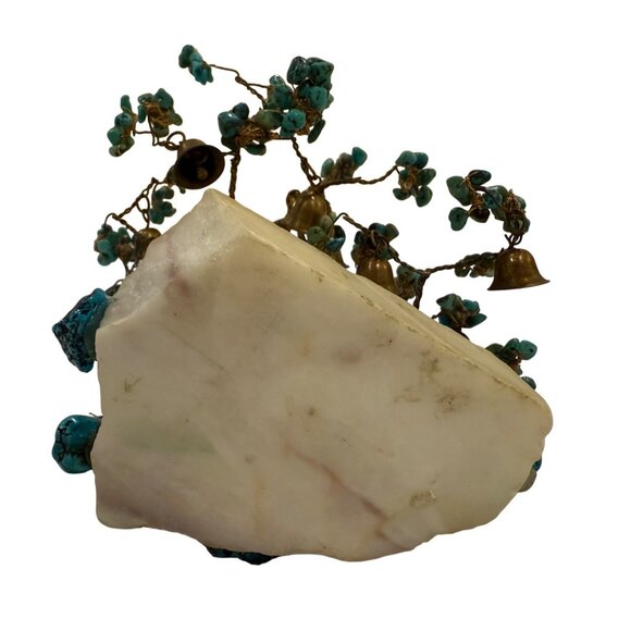 Handcrafted Turquoise Gem Tree Sculpture With Bells On Marble Base - Picture 8 of 8